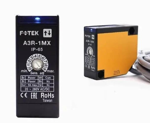 Photoelectric Switch A3R Series Sensor A3R-1MX, durable IP-65 casing, automation optical interrupter for conveyors and robotics.