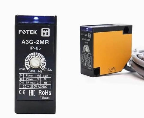 Photoelectric Switch A3R Series Sensor A3G-2MR front and side view showing settings dial and cable connection for automation