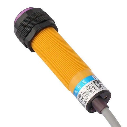 Photoelectric Switch Sensor DC6-36V E3F-DS30C4 NPN NO, cylindrical body, yellow, with label, suitable for industrial use.