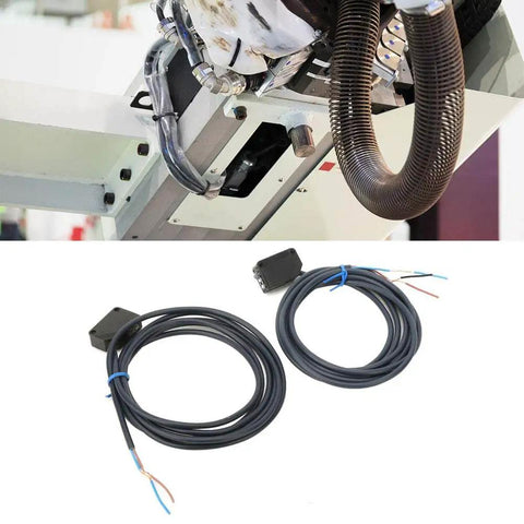 Photoelectric Switch Sensor for Automatic Equipment with Infrared IR Beam, 12 to 24V DC, cables and installation example