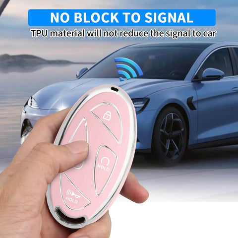 Car Key Fob Cover With Soft TPU 360 Degree Protection Leather Keychain Fits 5 Button Smart Keys Pink Color Signal Friendly Case in hand