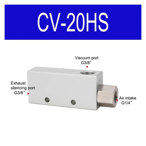Beefy Pneumatic Vacuum Generator For Industrial Automation with labeled ports, air pressure control valve CV 20 HS, white casing