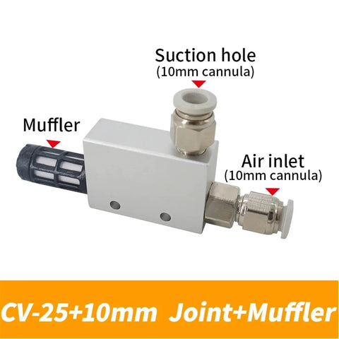Pneumatic Vacuum Generator CV 25HS 10mm With Negative Venturi Ejector And Flowmeter, showing ports and muffler for industrial use