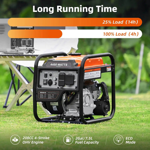 Gas Powered Inverter Generator 4400 Watts Peak, 3400 Running, Portable Open Frame shown outdoors on grass