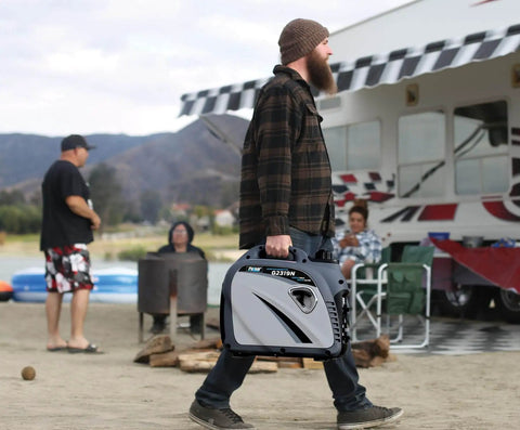 Man carrying Quiet 2300W Portable Gas Powered Inverter Generator With USB Outlet at campsite, featuring suitcase design and lightweight build