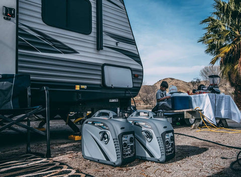 Quiet 2300W Portable Gas Powered Inverter Generator With USB Outlet in use at campsite near RV