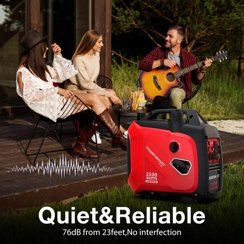 2500 Watt Portable Inverter Generator With 79.8cc Gas Engine in use during a camping trip, showcasing quiet operation and outdoor power.