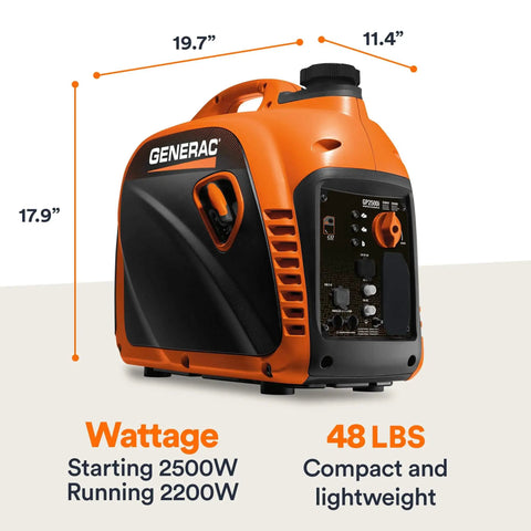 2500 Watt Gas Powered Portable Inverter Generator With Lightweight, Compact Design, side view showing dimensions and wattage info