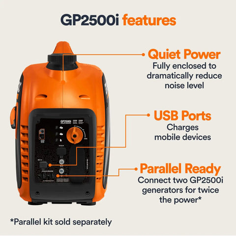 Back view of GP2500i featuring 2500 Watt Gas Powered Portable Inverter Generator with Quiet Power, USB Ports, and Parallel Ready features.