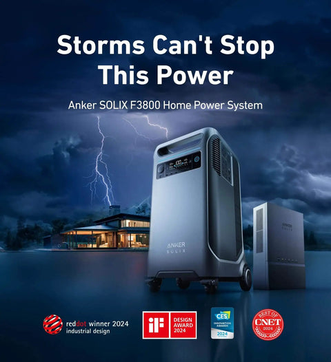 SOLIX F3800 Portable Power Station with 2x 200W Solar Panels, 3.84kWh LiFePO4 Battery against stormy backdrop