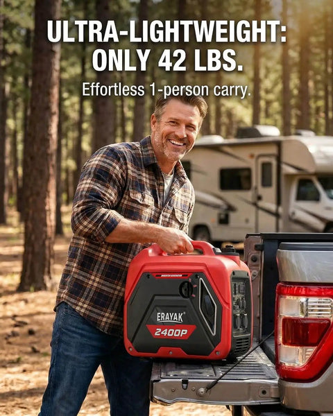 Man lifting 2400W Portable Inverter Generator For Home Use And Outdoor Adventures into a truck, showing lightweight design for easy transport