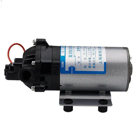 Side view of Mini Power Water Pump DP-60 Self Priming Diaphragm Pump, silver with a black casing, suitable for home and marine use.