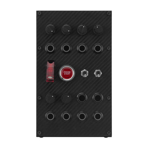 Front view of Programmable Sim Racing Button Box with rotary encoders, push buttons, carbon fiber panel, for PC racing games.