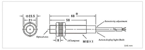 Technical drawing of proximity sensor and photoelectric switch with 50 cm adjustable detection distance in machinery