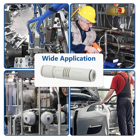 Push-In 6mm Pneumatic Vacuum Ejector displayed with various industrial applications and usage scenarios in the background.