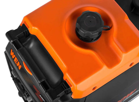 Top view of Quiet Dual Fuel Inverter Generator With Electric Start 4800 Surge Watts 4000 Rated RV Ready gas tank and handle.