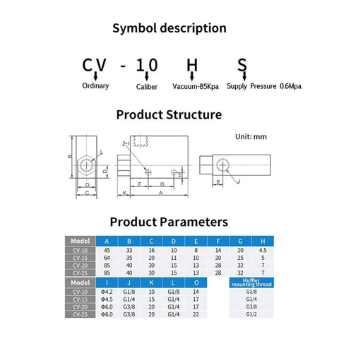 Technical diagram and parameters for Quiet Pneumatic Vacuum Generator With Silencer For Low Noise Industrial Automation.