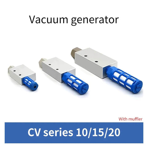 Quiet Pneumatic Vacuum Generator With Silencer For Low Noise Industrial Automation, CV series 10/15/20 with blue mufflers