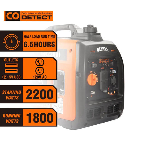 Ultra Quiet 2200W Inverter Portable Generator With Eco Mode showing power settings, USB outlets, CO detect feature, side view