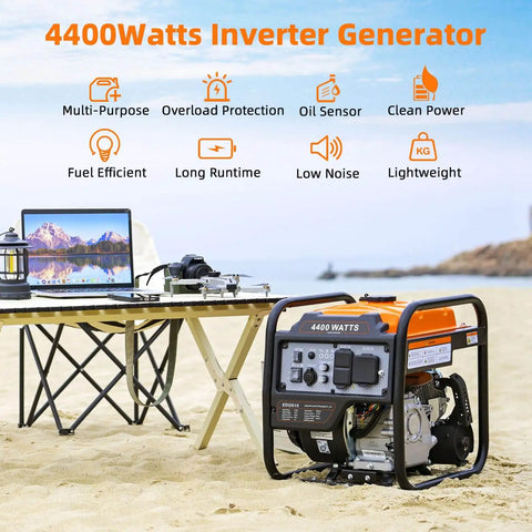 4400-Watt Inverter Generator with 3400 running watts on beach, gas-powered, open frame, RV ready, 30A RV outlet, efficient power source