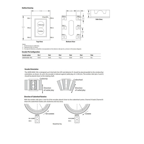 Technical diagram of the Two Pack AEDR-8300 Reflective Optical Encoder Modules with two channels and TTL level output.