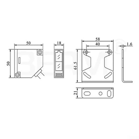 Technical diagram of Reflector Photoelectric Sensor Switch With Infrared Beam Detection, 4 Meter Sensing Range, NO And NC Relay Output, IP54 ABS Housing
