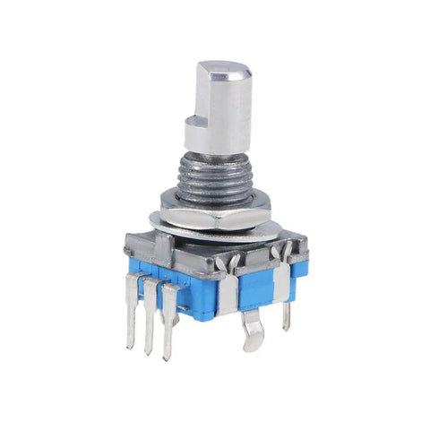Close-up of 360 Degree Rotary Encoder With Code Switch Digital Potentiometer 5 Pins 15mm D Shaft for DIY Projects.