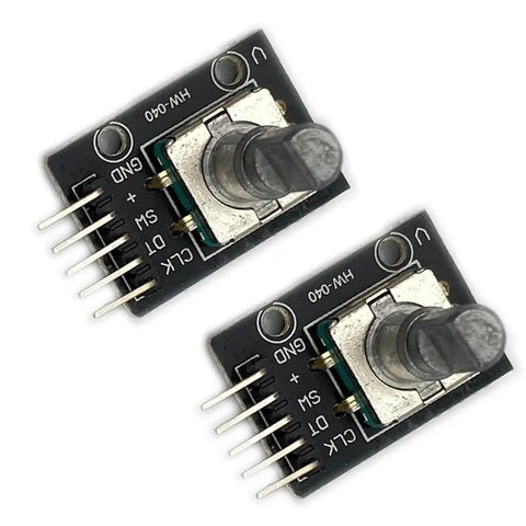 Top view of Two Pack KY 040 Rotary Encoder Modules for Arduino Raspberry Pi and STM32 Development Boards, showing dual encoders.