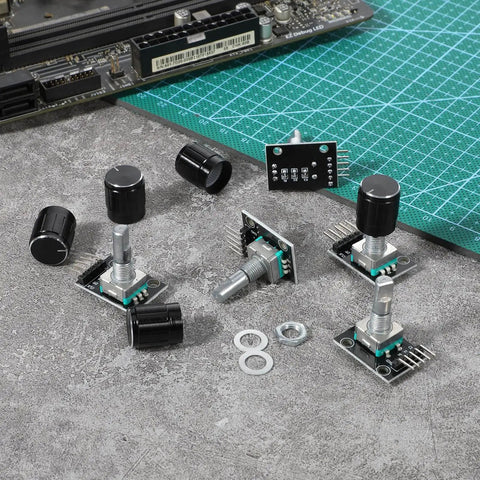 Five Pack KY-040 Rotary Encoder Modules with Aluminum Knob Caps 360 Degree Rotation 15 x 16.5 Mm Size Black Finish Kit