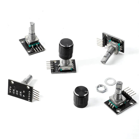 Five Pack KY-040 Rotary Encoder Modules With Aluminum Knob Caps for prototyping, featuring black finish and 360-degree rotation.