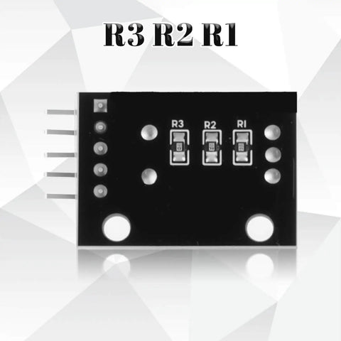 Close-up of Five Pack KY-040 Rotary Encoder Modules circuit board with labeled R3, R2, R1, black finish, used for sensor kit prototyping.