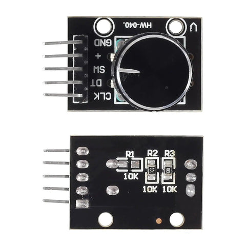 Front and back view of 4 Pack KY 040 Rotary Encoder Modules With Knob Caps For DIY Microcontroller Projects, 360 Degree Rotation