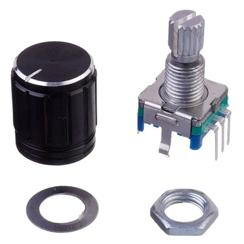 EC11 360 Degree Rotary Encoder Potentiometer Kit with 5 pin digital potentiometer, knob cap, washer, and nut for electronics projects