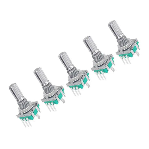 5 metal 10 Pack 360 Degree Rotary Encoder Switches With Push Button For EC11 Potentiometer on white background, 15mm shaft