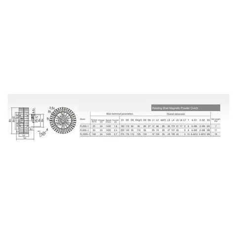 Technical specifications diagram for External Rotary Magnetic Particle Brake For Industrial Machinery, FLS-1 Series 10 Kg Capacity