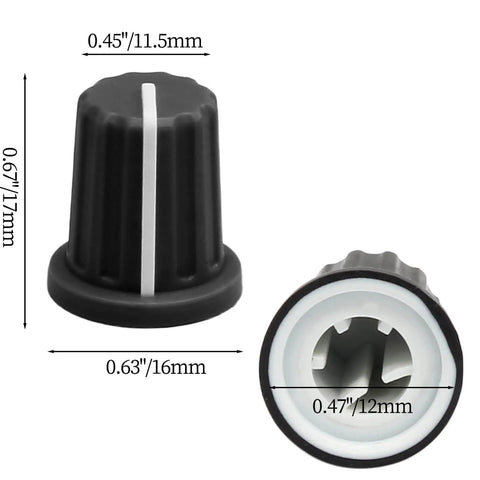 Two black rubber grip 6 Pack 6mm D Type Potentiometer Knobs For 6mm Shafts with dimensions