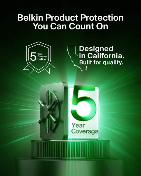 Belkin 5-year coverage badge with California design outline; green glow highlights durability and quality assurance
