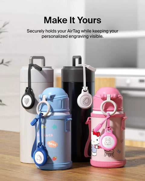 Rugged AirTag Holder With Strap on colorful water bottles, showcasing no slip case and twist lock design on wooden table.