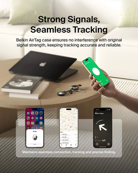 Person using tracking app on phone with Rugged AirTag Holder With Strap For Key Ring And Luggage No Slip Case on a coffee table