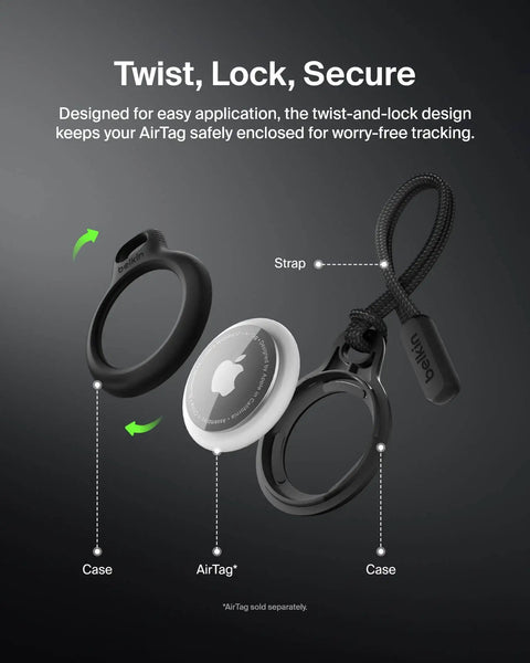 Rugged AirTag Holder With Strap For Key Ring And Luggage No Slip Case With Raised Edges And Twist Lock Design Black Keychain Accessory