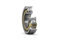 Side view of SKF 7205 BEY Angular Contact Ball Bearing with a 25 mm bore brass cage and 40 degree contact angle, showing open brass cage.