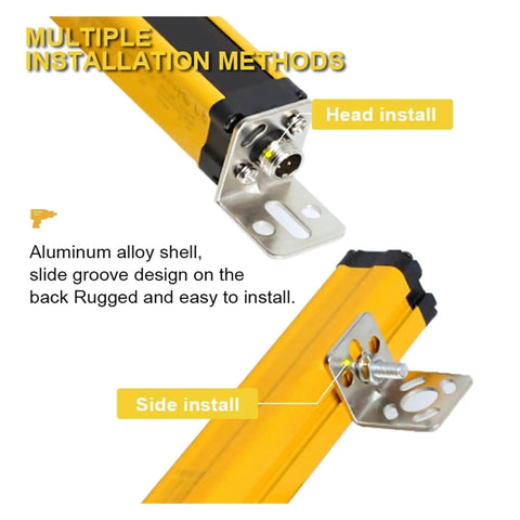Multiple installation methods for Safety Light Curtain Sensor Switch with aluminum alloy body, showcasing head and side mounting options.