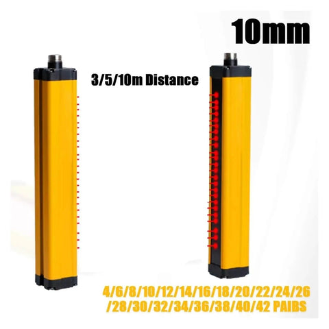 Safety Light Curtain Sensor Switch With 4 To 42 Beams, 10mm Resolution, 3-15m Range, aluminum body, front and side view.