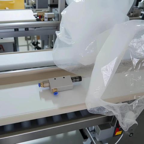 Pneumatic Vacuum Generator With Silencer for industrial automation on a conveyor, durable aluminum build with CNC threads.