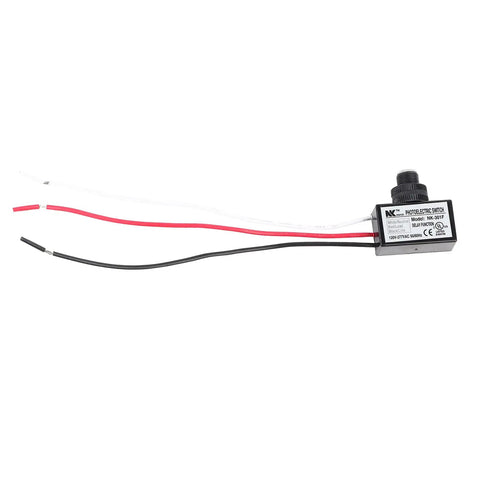Smart Photoelectric Sensor Switch with Auto On Off for lighting fixtures, showing wires and sensor for 120V-277V AC night day illumination detection.
