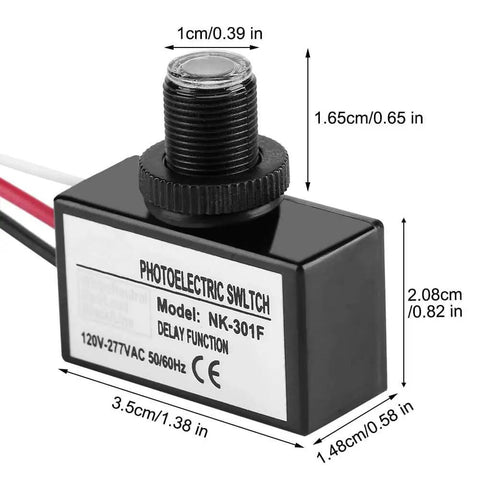 Smart Photoelectric Sensor Switch With Auto On Off For Lighting Fixtures 120V-277V AC showing dimensions and design