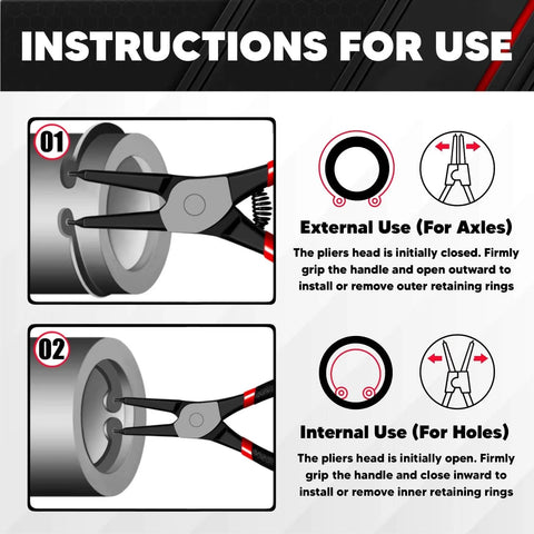 Instructions for using 4 Piece Snap Ring Pliers Kit 7 Inch Internal And External Circlip Pliers Set with diagrams for axles and holes.