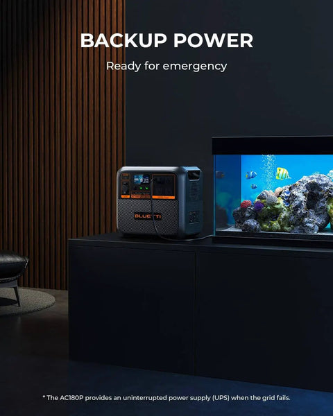 Portable Power Station with 1440Wh LiFePO4 battery next to fish tank, ideal for camping, off-grid living, power outages.