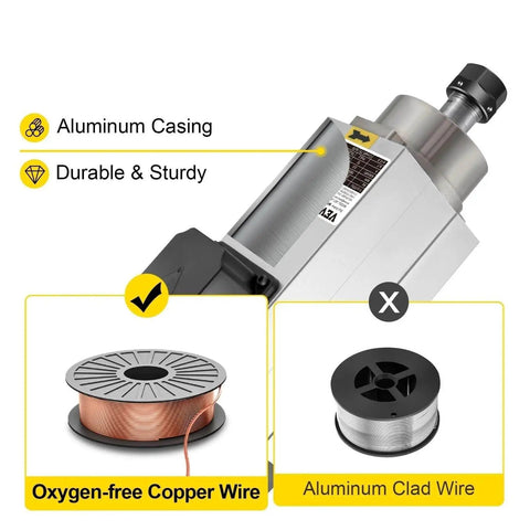 Square Air Cooled Spindle Motor 220V with aluminum casing and oxygen-free copper wire spool, designed for precision engraving and milling
