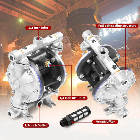 Stainless Steel Pneumatic Double Diaphragm Pump Built For Tough Jobs With 8.8 GPM Flow, 120 PSI Max, Half Inch Inlet And Outlet, PTFE Seals